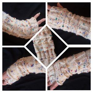 Handmade in Canada Aran Tweed Knit Fingerless Gloves Mitten ArmWarmer Viscose